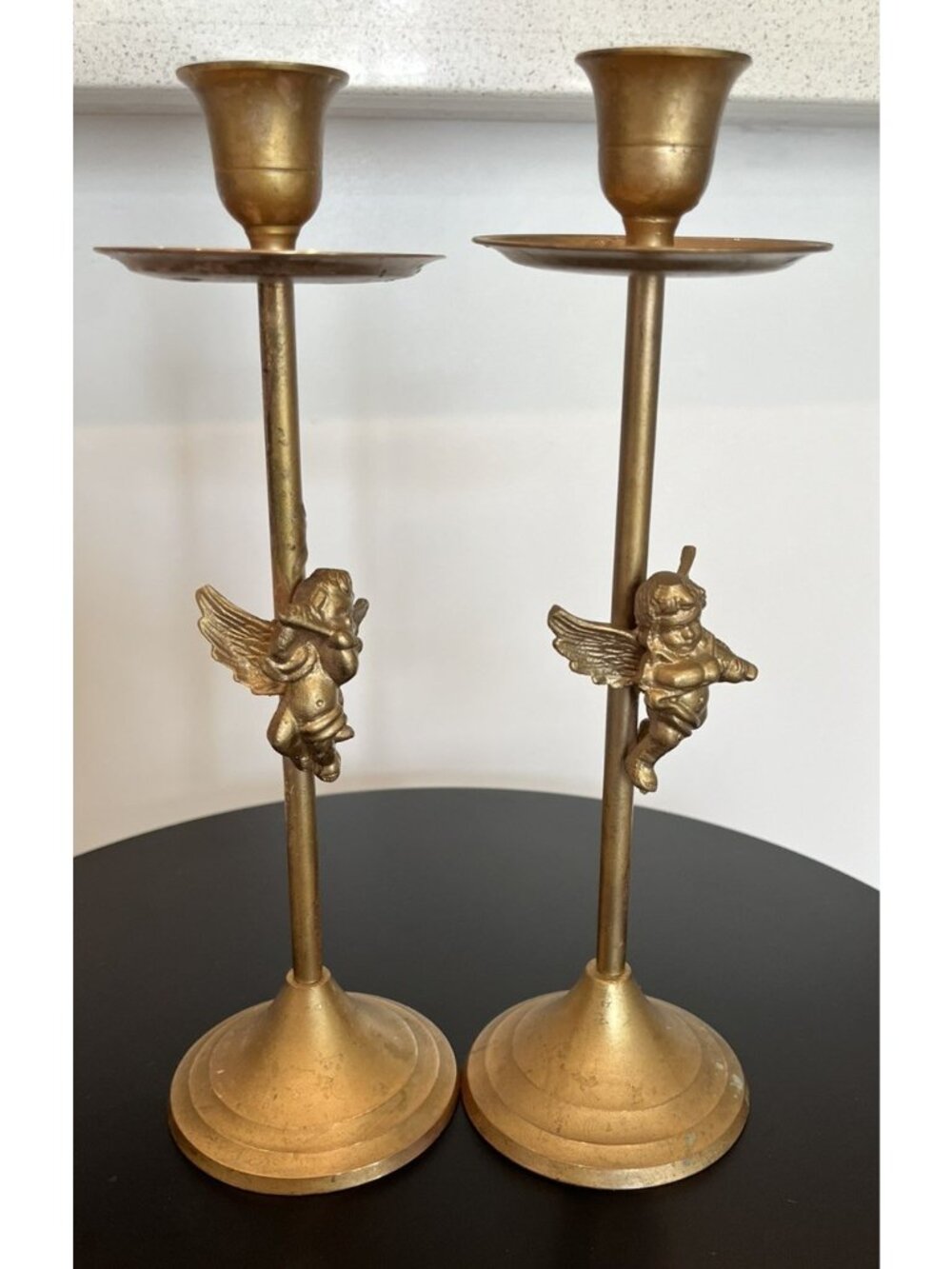 Vintage India Exotics Brass Cherub Angel Candlesticks Pair Hollywood Regency